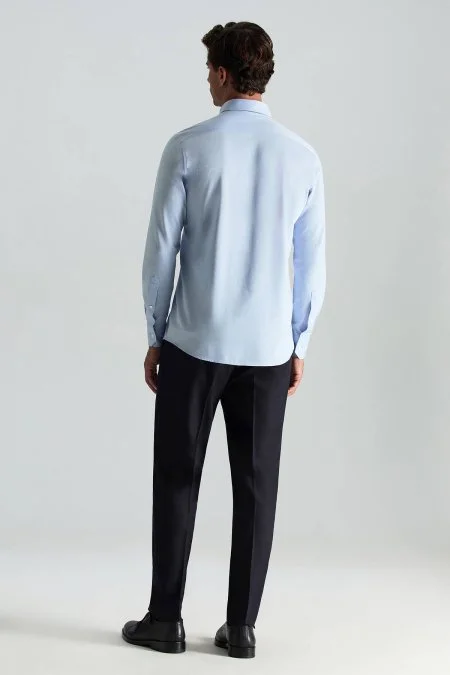 Gizli Düğme Pamuk Mavi Gömlek