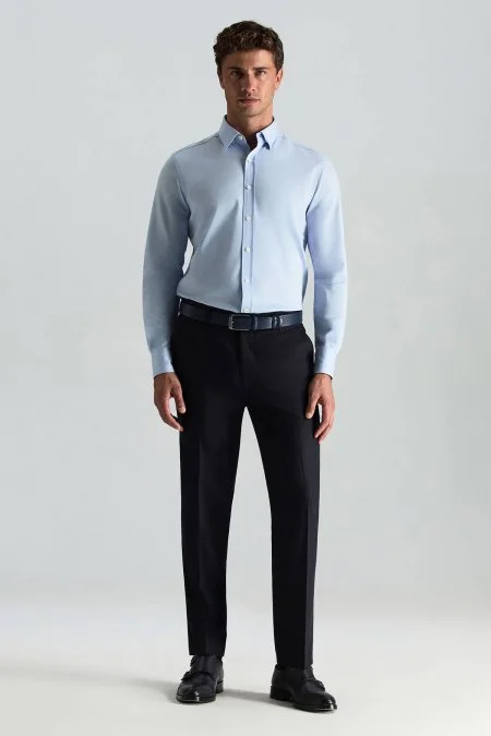 Gizli Düğme Pamuk Mavi Gömlek