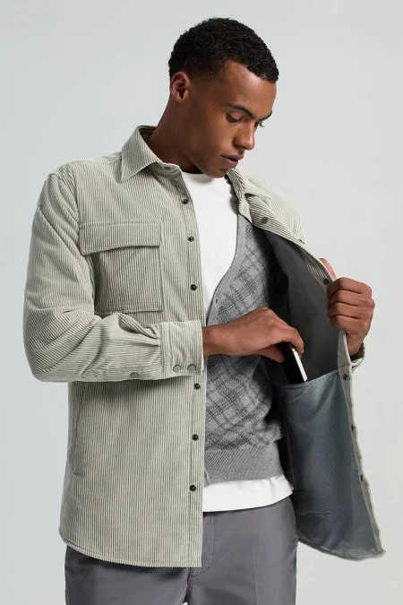 Saf Pamuk Açık Gri Kadife Ceket Gömlek