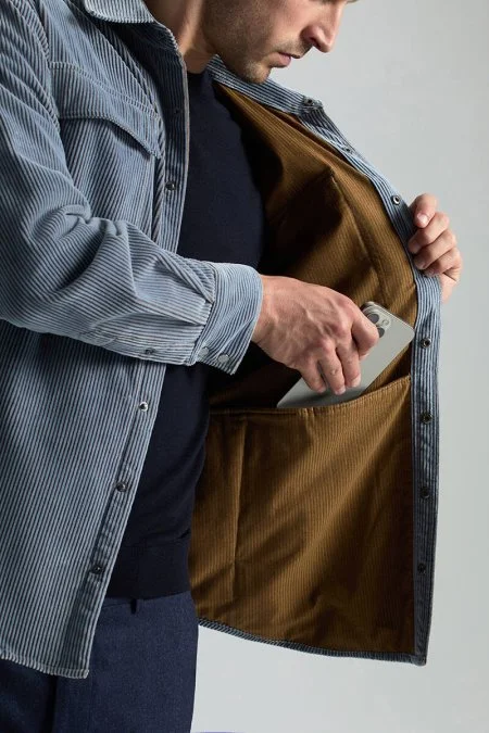 Saf Pamuk Açık Mavi Kadife Ceket Gömlek