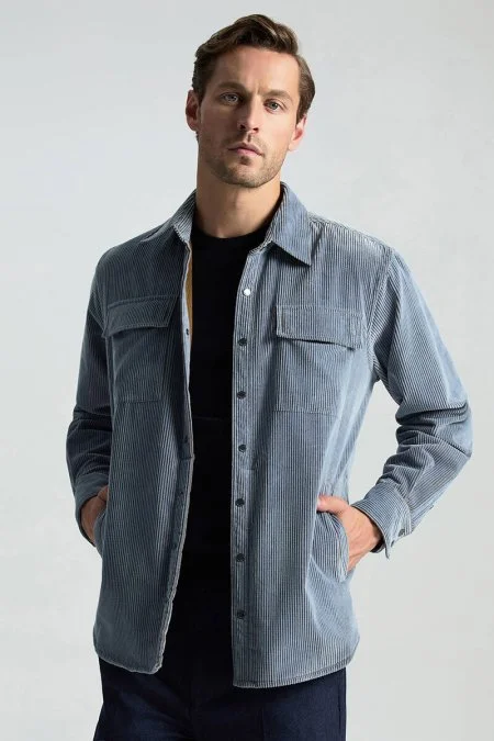 Saf Pamuk Açık Mavi Kadife Ceket Gömlek