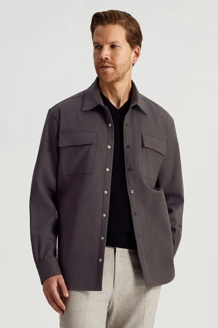 Saf Pamuk Metal Düğmeli Gri Ceket Gömlek