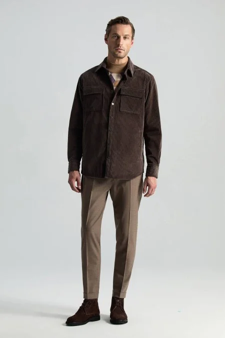 Saf Pamuk Kahverengi Kadife Ceket Gömlek