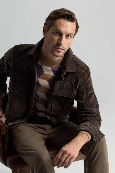 Saf Pamuk Metal Düğmeli Kahverengi Kadife Ceket Gömlek