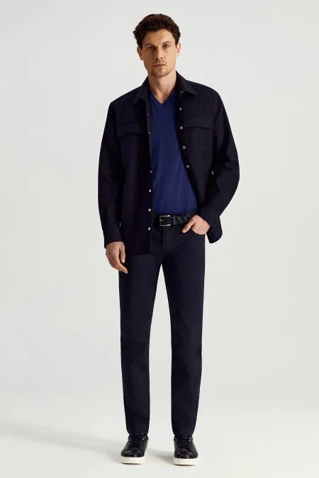 Saf Pamuk Metal Düğmeli Lacivert Ceket Gömlek