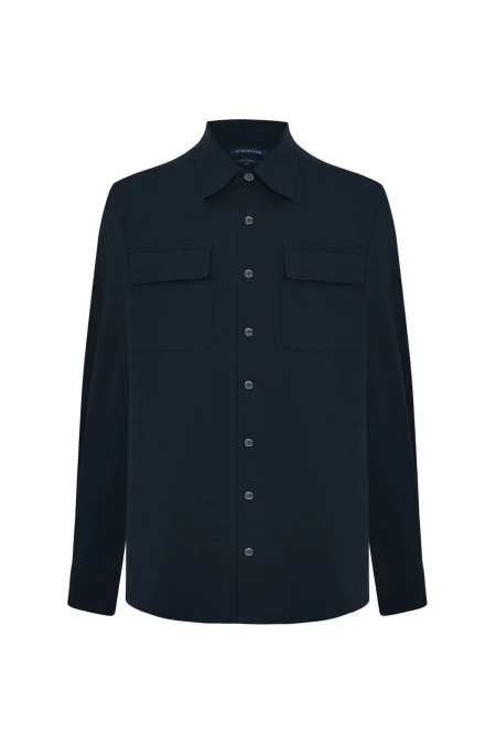 Saf Pamuk Metal Düğmeli Lacivert Ceket Gömlek