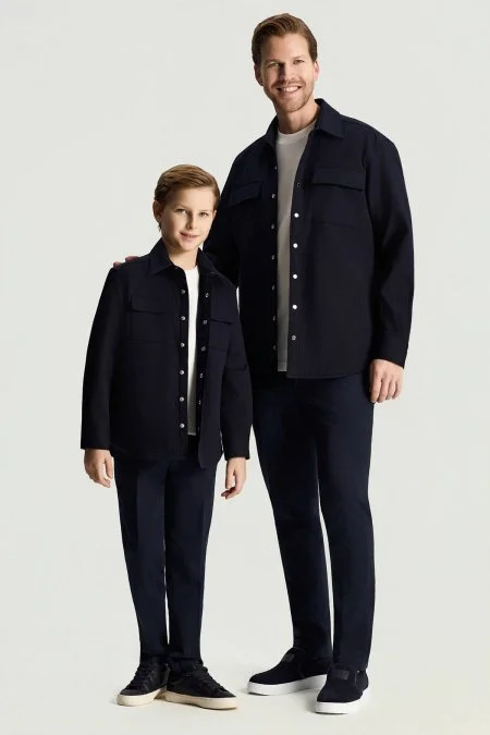 Saf Pamuk Metal Düğmeli Lacivert Çocuk Ceket Gömlek