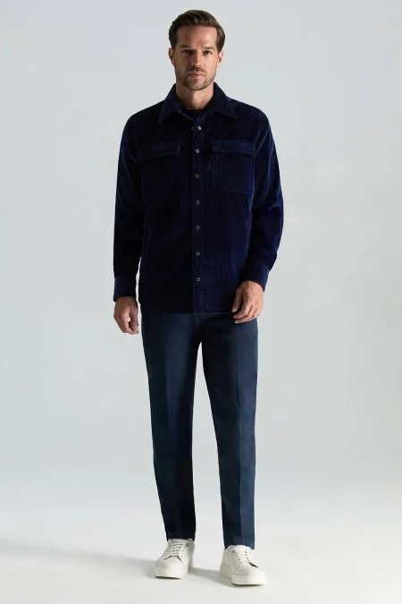 Saf Pamuk Metal Düğmeli Lacivert Kadife Ceket Gömlek