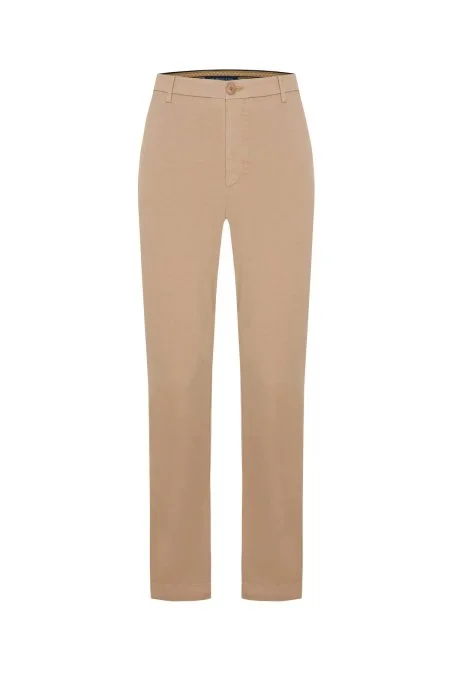 Saf Pamuk Mikro Desenli Bej Relax Chino Pantolon