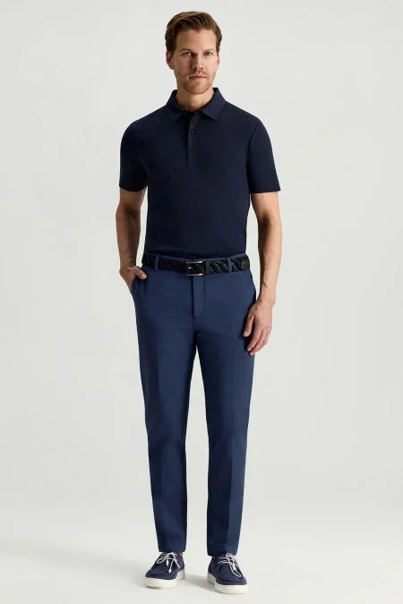 Saf Pamuk Mikro Desenli Mavi Relax Chino Pantolon