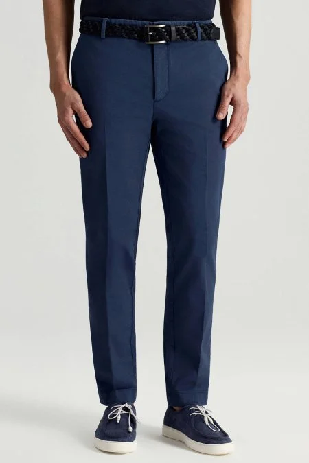 Saf Pamuk Mikro Desenli Mavi Relax Chino Pantolon