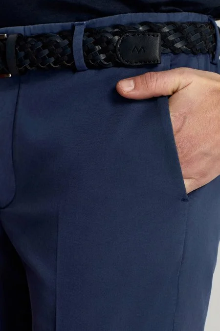 Saf Pamuk Mikro Desenli Mavi Relax Chino Pantolon