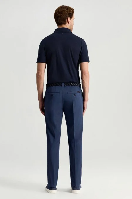 Saf Pamuk Mikro Desenli Mavi Relax Chino Pantolon