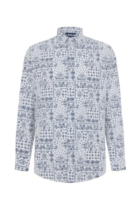 Paisley Desen Beyaz-Lacivert Pamuk Gömlek
