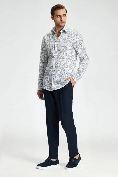 Paisley Desen Beyaz-Lacivert Pamuk Gömlek