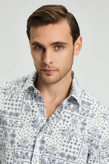 Paisley Desen Beyaz-Lacivert Pamuk Gömlek