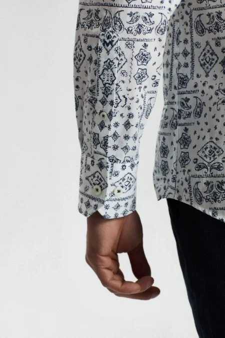 Paisley Desen Beyaz-Lacivert Pamuk Gömlek