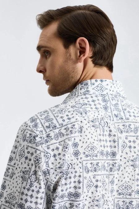 Paisley Desen Beyaz-Lacivert Pamuk Gömlek