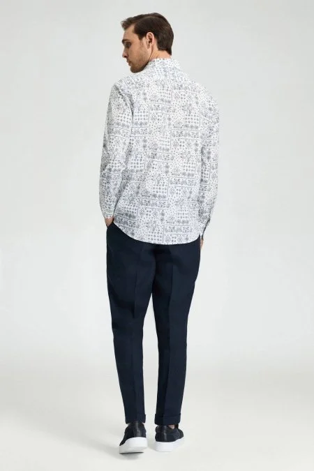 Paisley Desen Beyaz-Lacivert Pamuk Gömlek