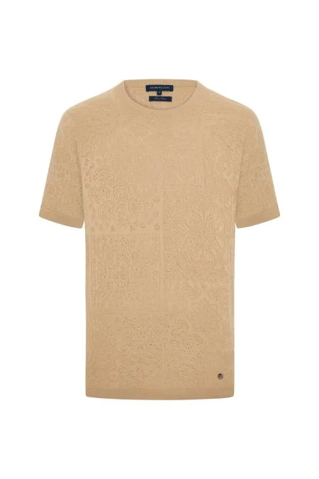 Saf Pamuk Paisley Desen Bisiklet Yaka Bej Triko T-Shirt