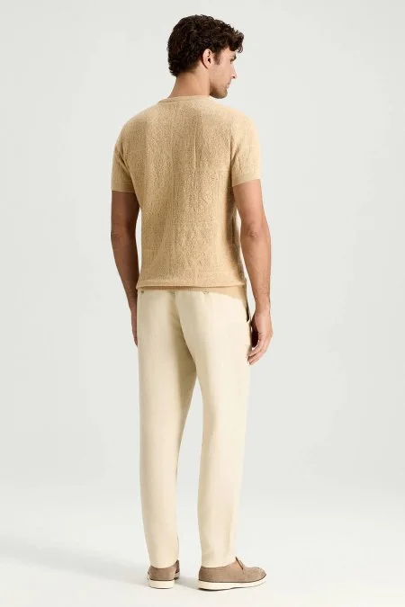 Saf Pamuk Paisley Desen Bisiklet Yaka Bej Triko T-Shirt