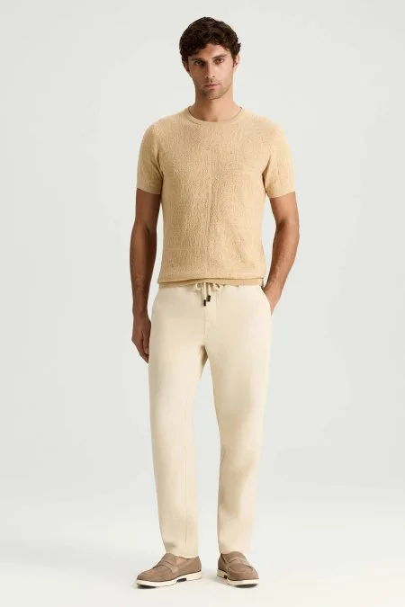 Saf Pamuk Paisley Desen Bisiklet Yaka Bej Triko T-Shirt