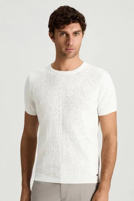 Saf Pamuk Paisley Desen Bisiklet Yaka Beyaz Triko T-Shirt