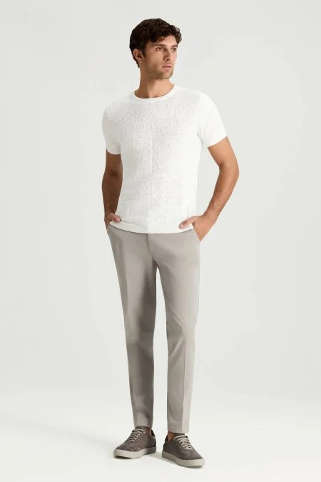 Saf Pamuk Paisley Desen Bisiklet Yaka Beyaz Triko T-Shirt