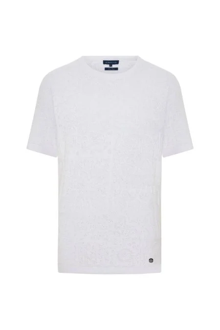 Saf Pamuk Paisley Desen Bisiklet Yaka Beyaz Triko T-Shirt