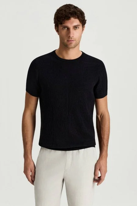 Saf Pamuk Paisley Desen Bisiklet Yaka Siyah Triko T-Shirt