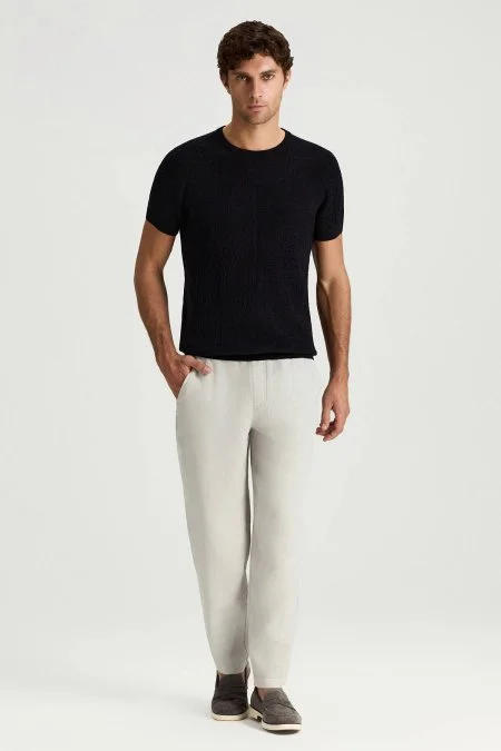 Saf Pamuk Paisley Desen Bisiklet Yaka Siyah Triko T-Shirt