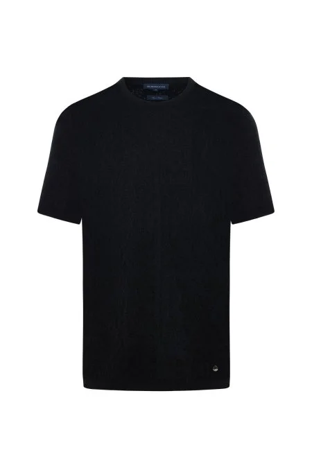 Saf Pamuk Paisley Desen Bisiklet Yaka Siyah Triko T-Shirt