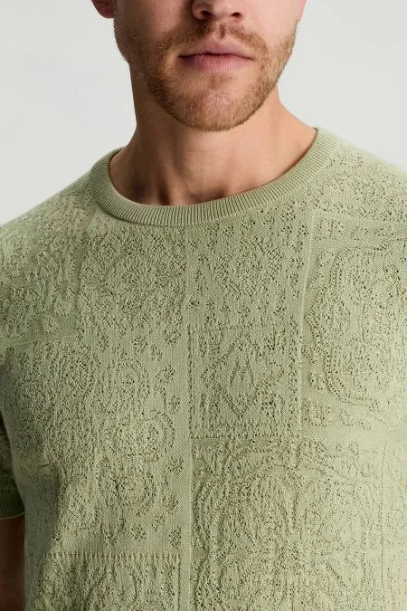 Saf Pamuk Paisley Desen Bisiklet Yaka Yeşil Triko T-Shirt