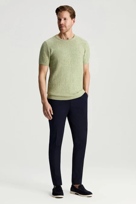 Saf Pamuk Paisley Desen Bisiklet Yaka Yeşil Triko T-Shirt