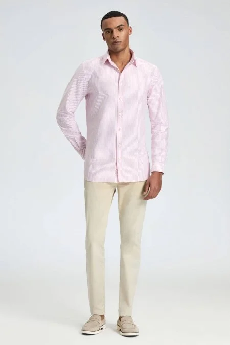 Saf Pamuk Pembe Çizgili Oxford Gömlek