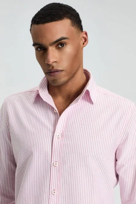 Saf Pamuk Pembe Çizgili Oxford Gömlek