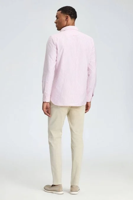 Saf Pamuk Pembe Çizgili Oxford Gömlek