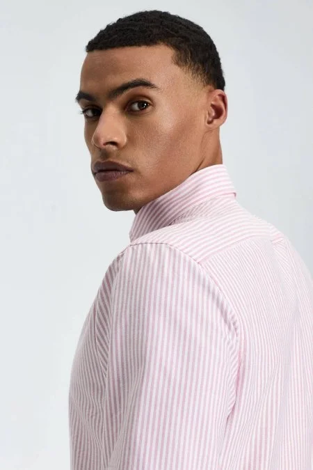 Saf Pamuk Pembe Çizgili Oxford Gömlek