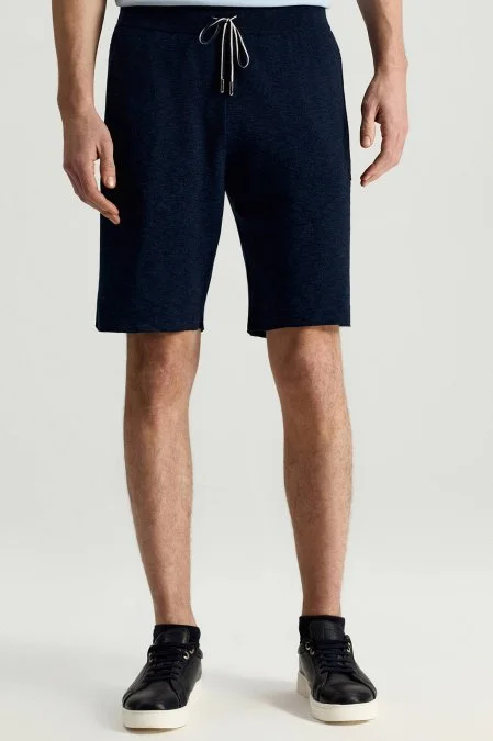 Saf Pamuk Şerit Detaylı Cepleri Fermuarlı Lacivert Triko Şort