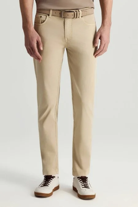 Saf Pamuk Slim Fit 5 Cep Krem Yazlık Chino Pantolon