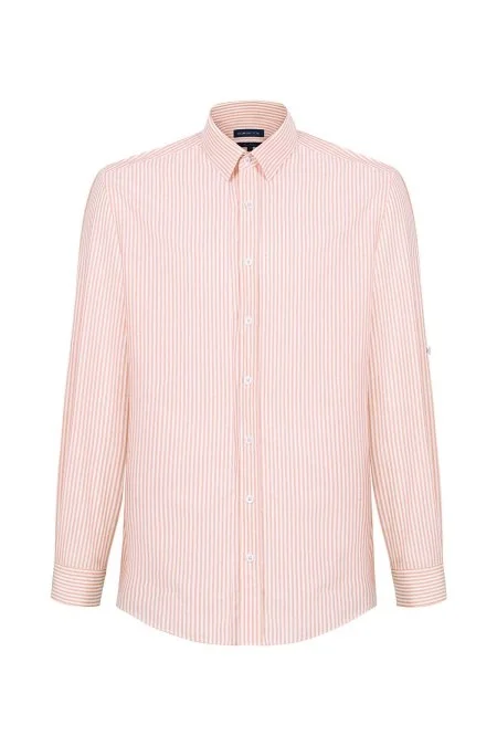 Saf Pamuk Somon Rengi Çizgili Oxford Gömlek