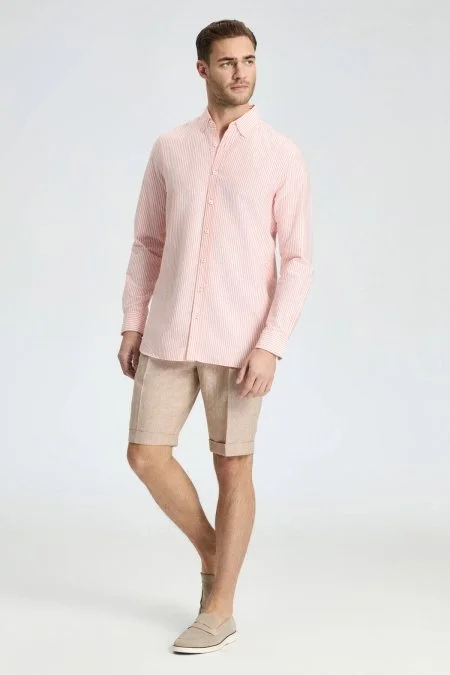 Saf Pamuk Somon Rengi Çizgili Oxford Gömlek