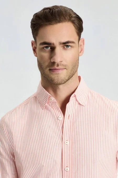 Saf Pamuk Somon Rengi Çizgili Oxford Gömlek