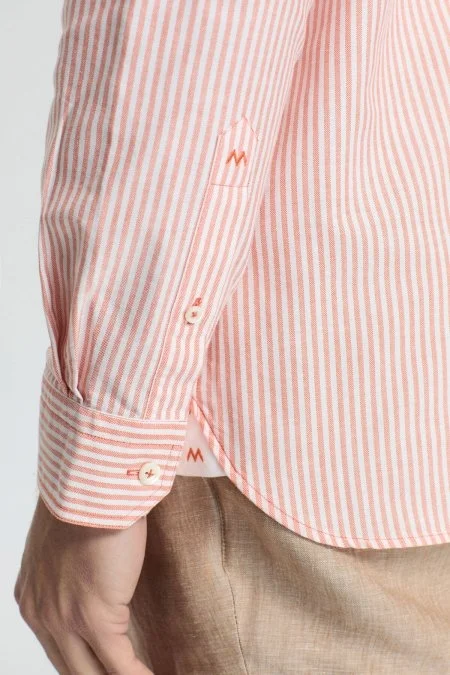 Saf Pamuk Somon Rengi Çizgili Oxford Gömlek