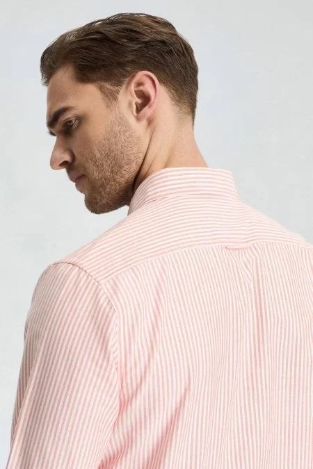 Saf Pamuk Somon Rengi Çizgili Oxford Gömlek