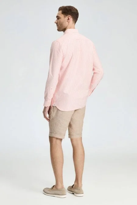 Saf Pamuk Somon Rengi Çizgili Oxford Gömlek