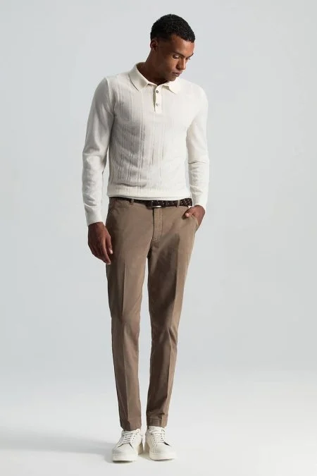Saf Pamuk Tütün Rengi Regular Fit Chino Pantolon