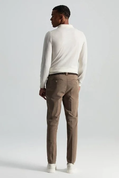 Saf Pamuk Tütün Rengi Regular Fit Chino Pantolon