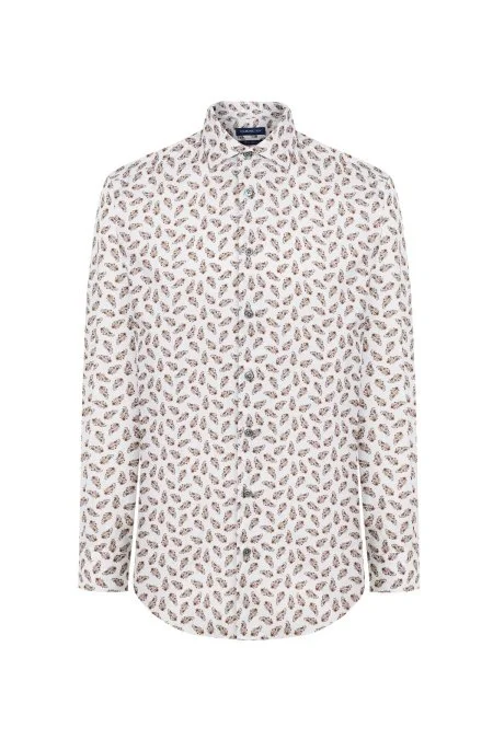 Paisley Desen İtalyan Yaka Beyaz-Kırmızı Saf Pamuk Gömlek