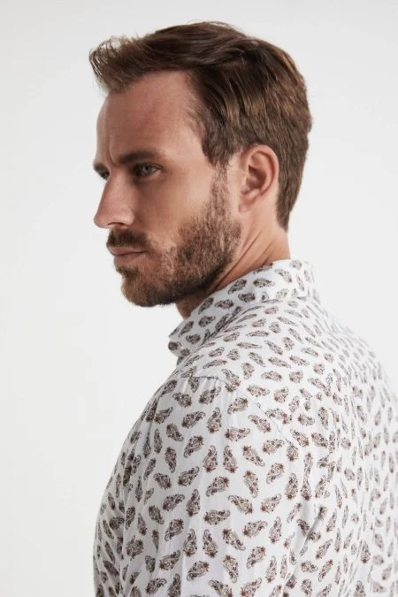 Paisley Desen İtalyan Yaka Beyaz-Kırmızı Saf Pamuk Gömlek